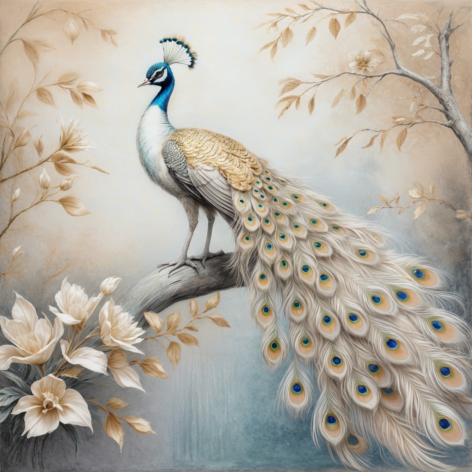 Peacock on Branch with Vibrant Plumage and Flowers