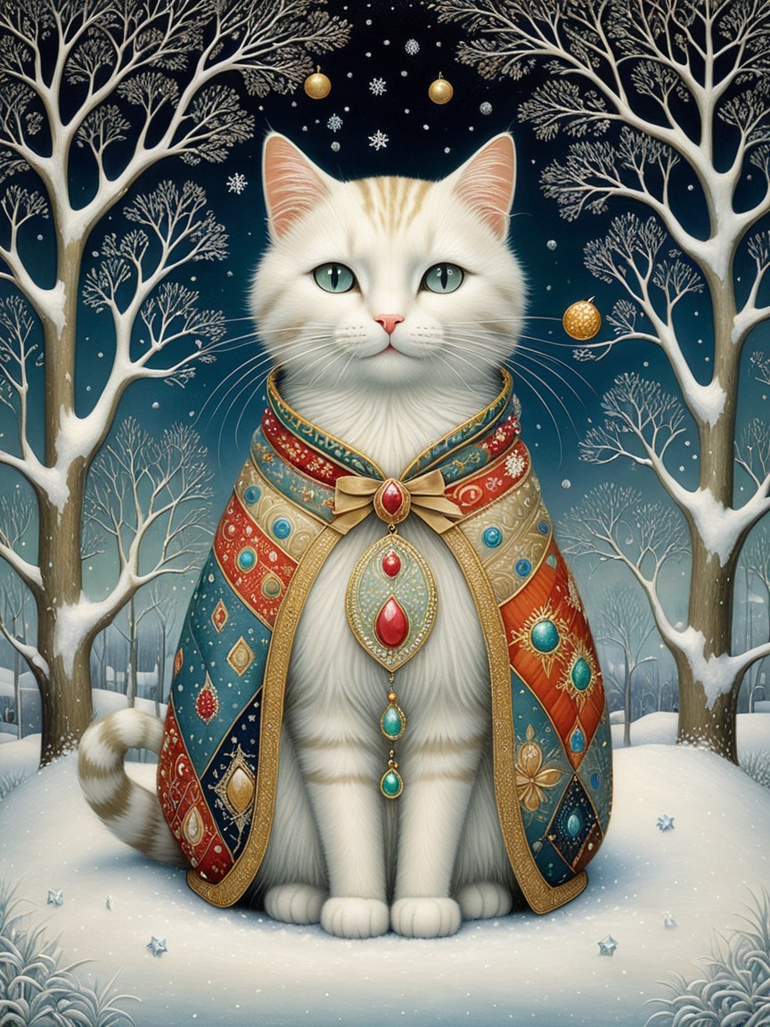 Regal white cat in ornate cloak in snowy landscape