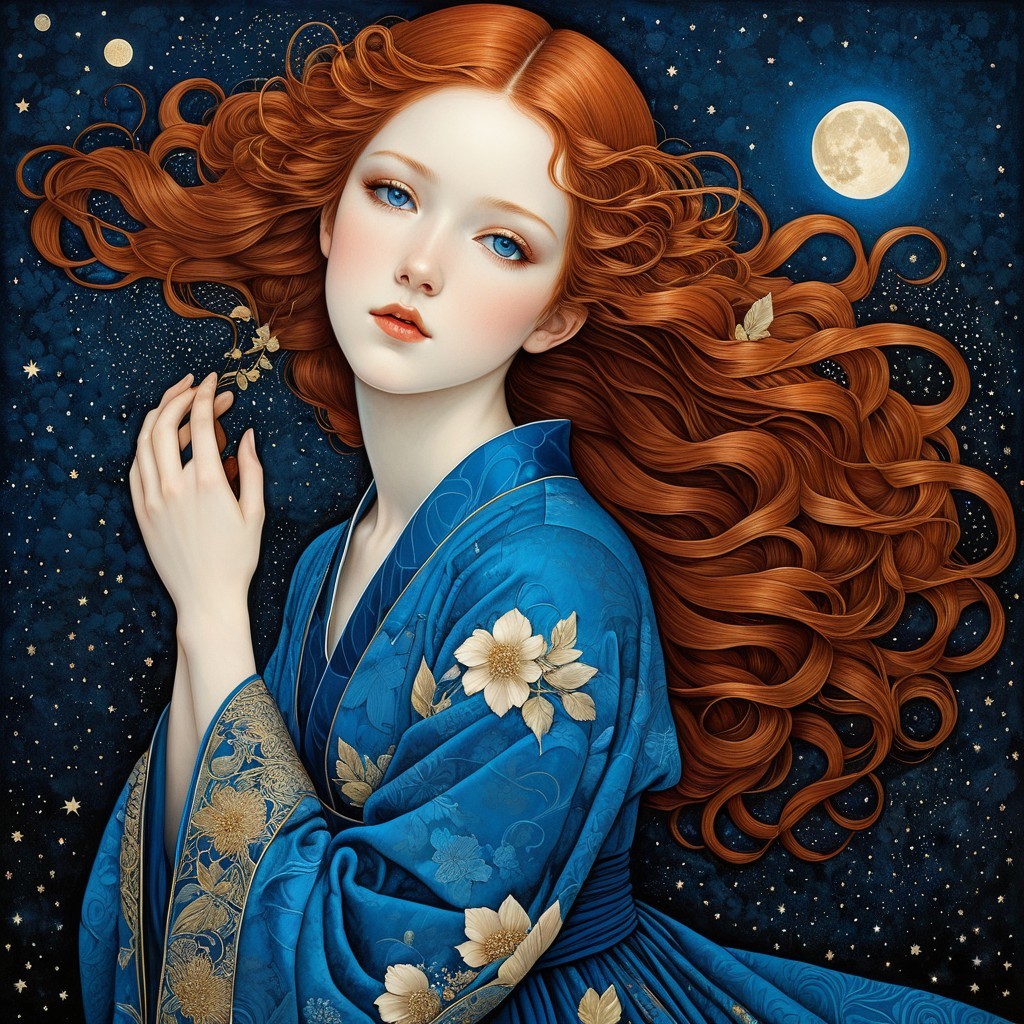 Woman in Blue Kimono Against Starry Night Sky