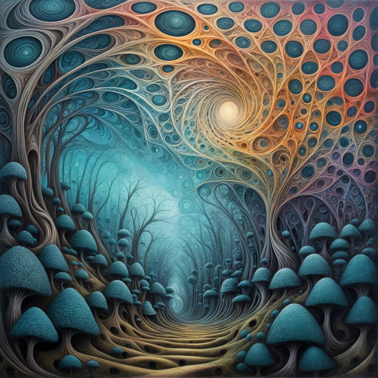 Surreal Landscape with Twisting Trees and Vibrant Mushrooms