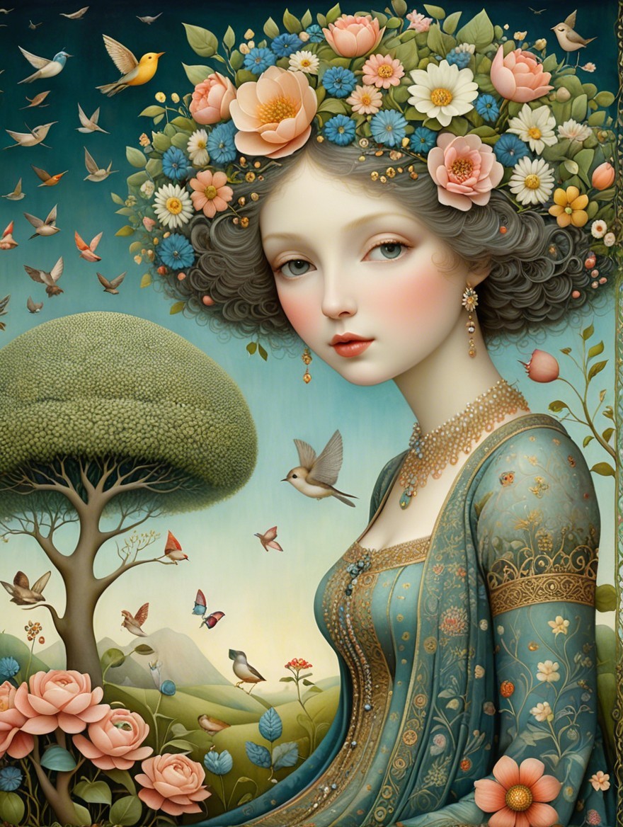 Serene Woman in Floral Headdress with Nature Elements