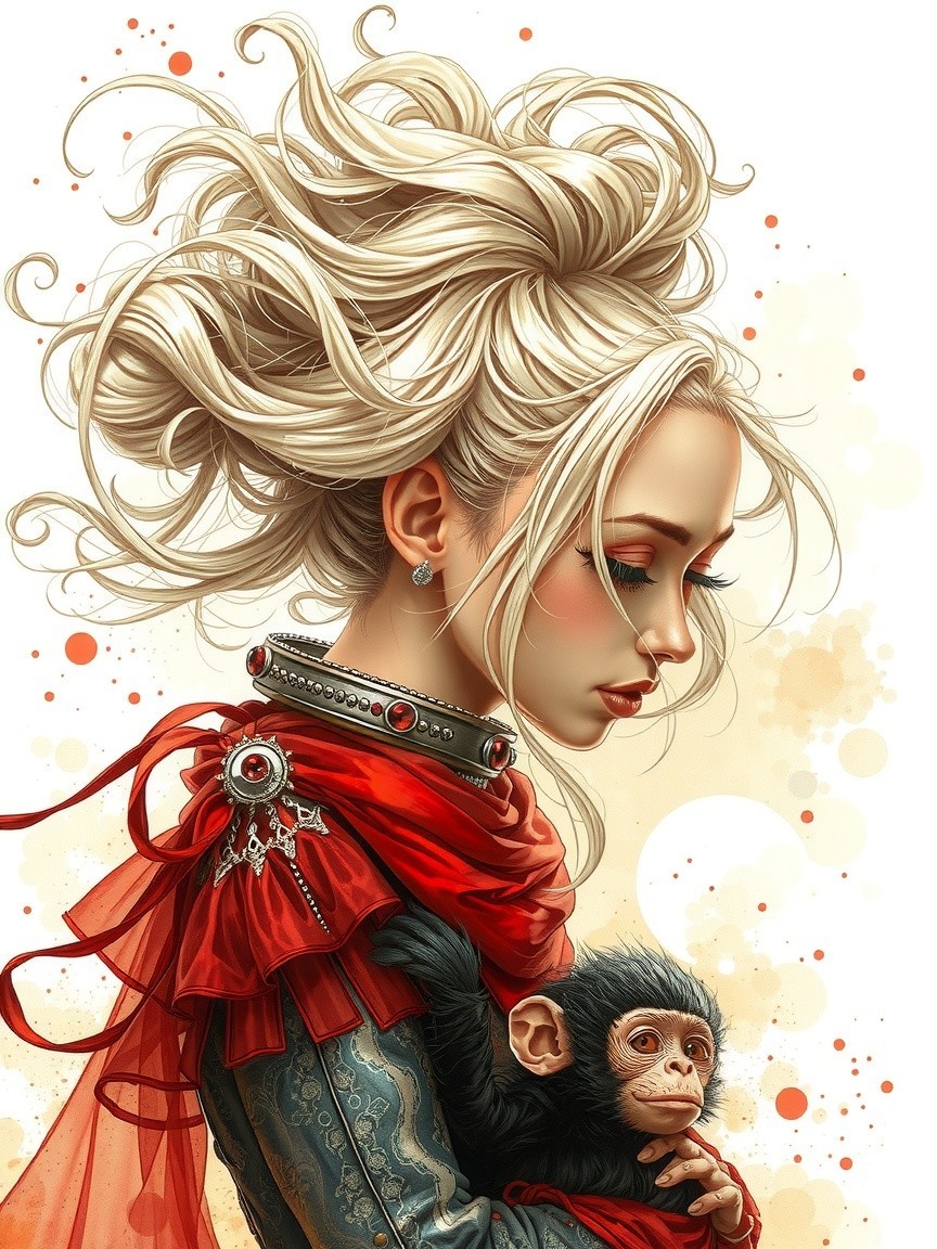 Whimsical Portrait of Woman with Chimpanzee and Scarf