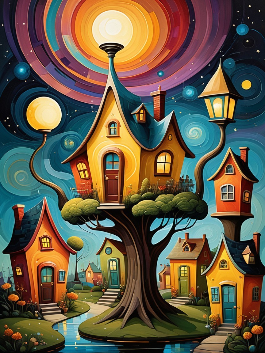 Colorful Fantasy Village in a Giant Tree at Night