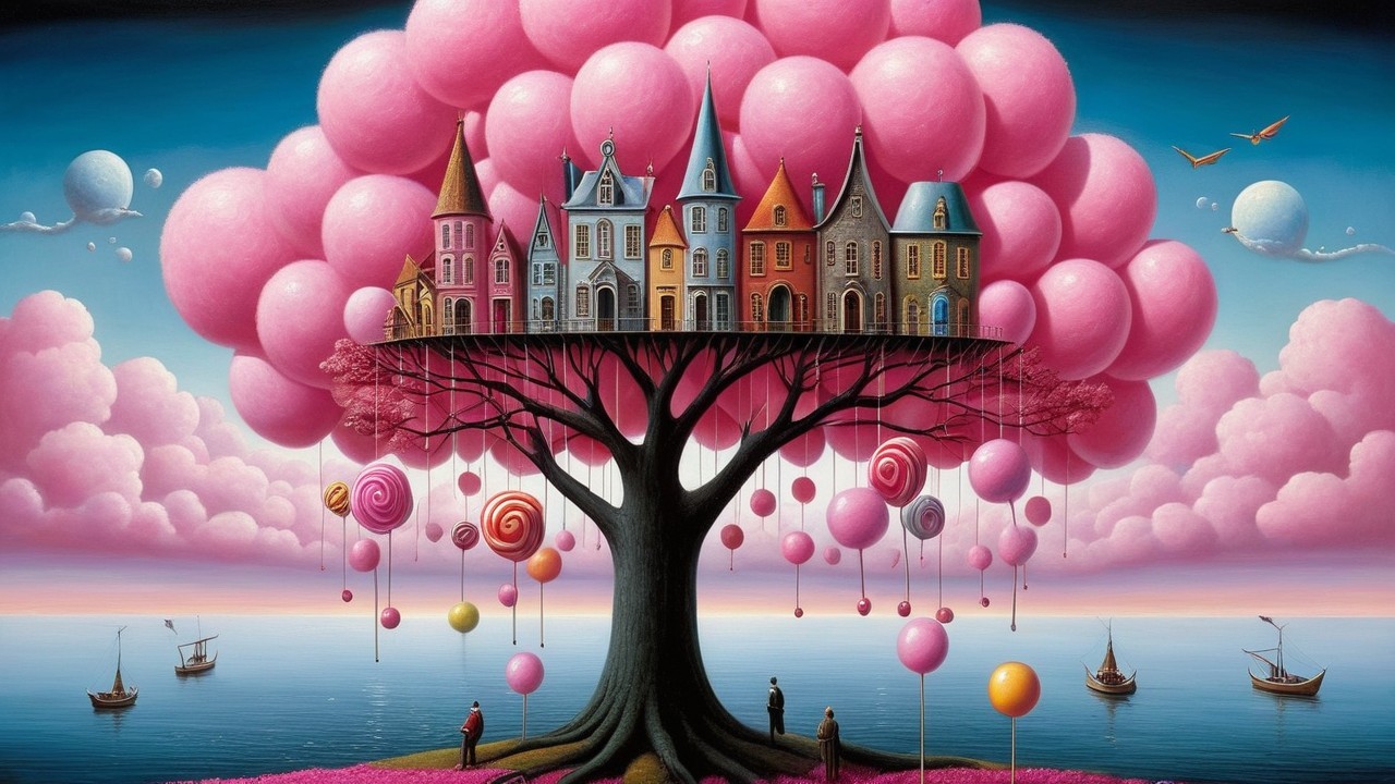 Whimsical Landscape with Balloon Tree and Fairytale Houses