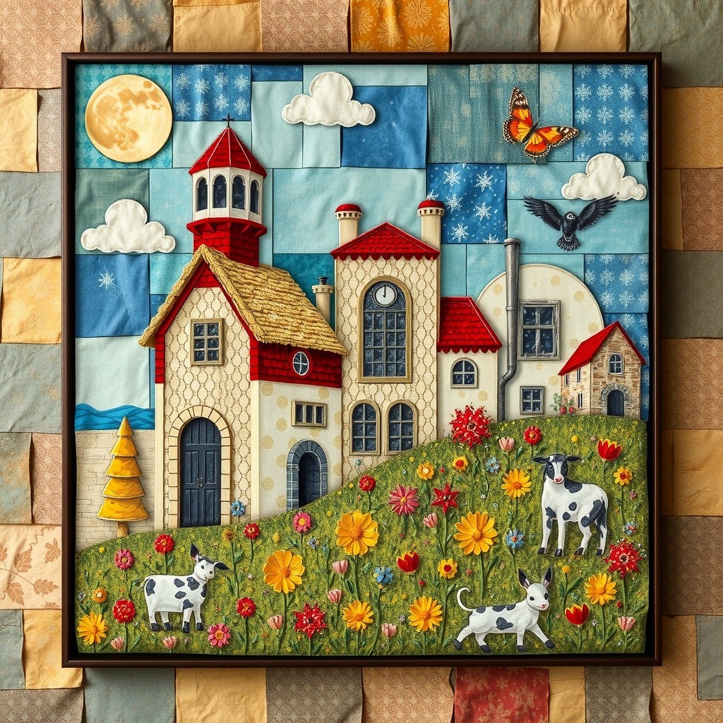Vibrant Countryside Scene with House and Cows