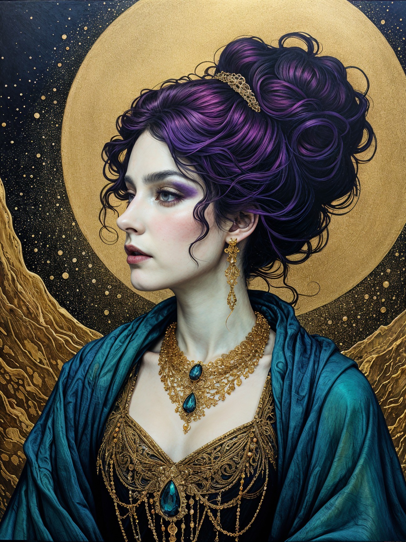 Regal Woman in Elegant Attire with Celestial Background