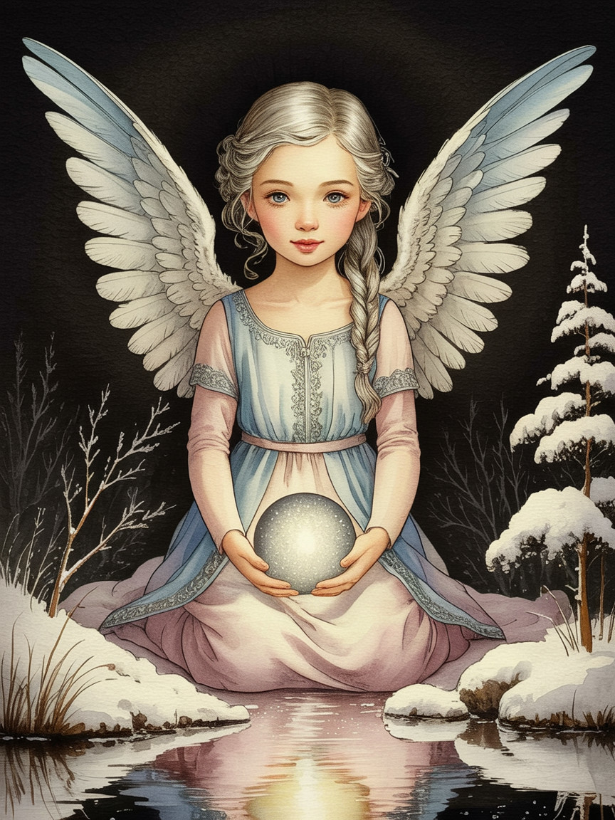 Angel with Silver Hair by a Reflecting Pool in Watercolor