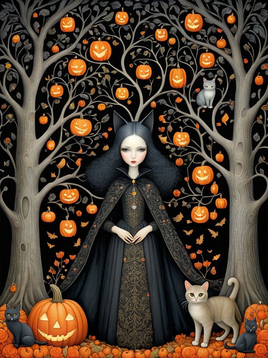 Mystical Autumn Scene with Cloaked Girl and Cats