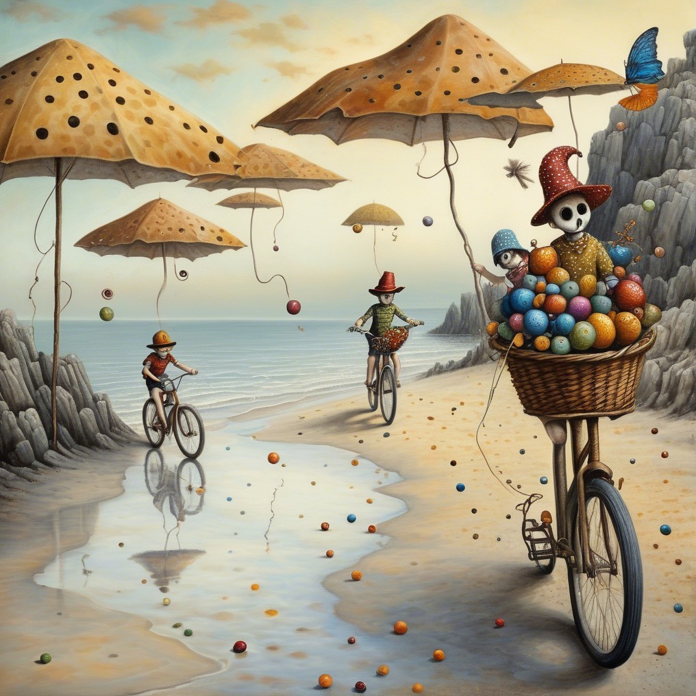 Whimsical Bicycle Riders on a Serene Beach Scene