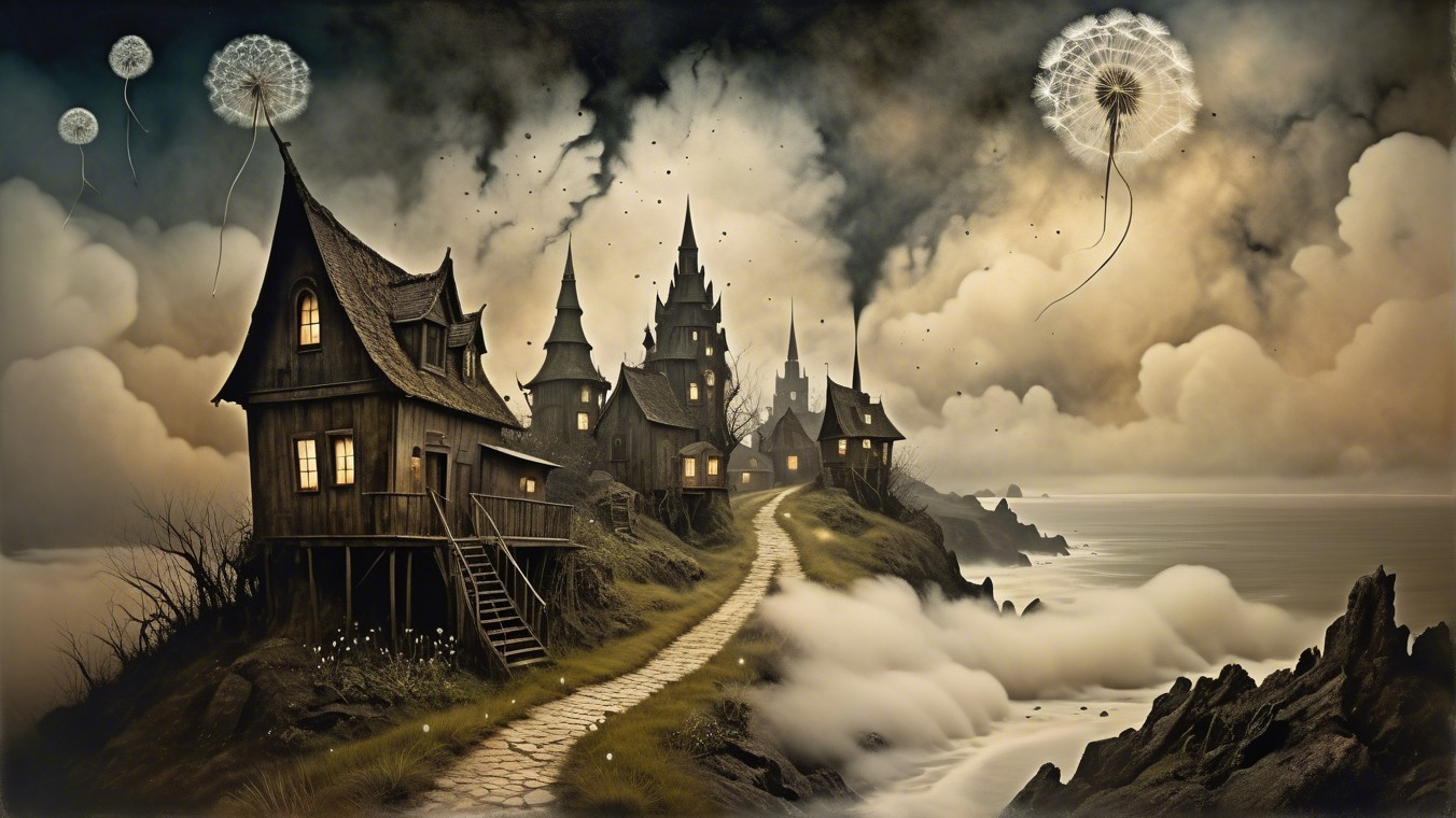 Mystical Landscape with Enchanted Village and Fog