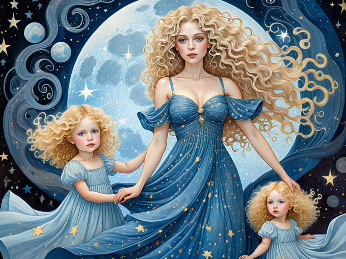 Celestial Scene with Woman and Two Girls in Blue Dresses