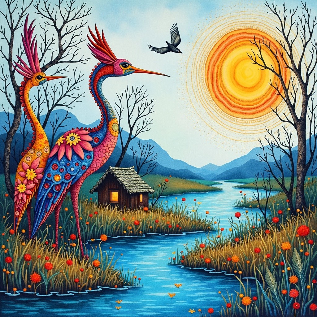 Stylized Herons by Winding River at Sunset
