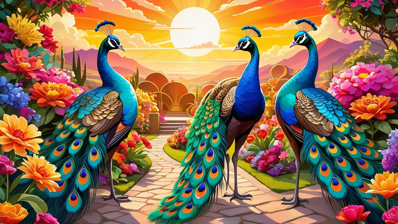 Vibrant Peacocks in a Colorful Garden at Sunset