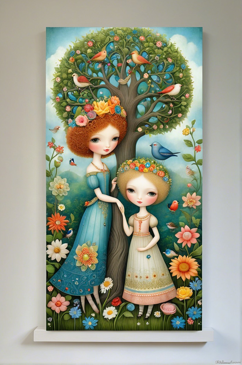 Whimsical Girls by Colorful Tree in Magical Setting