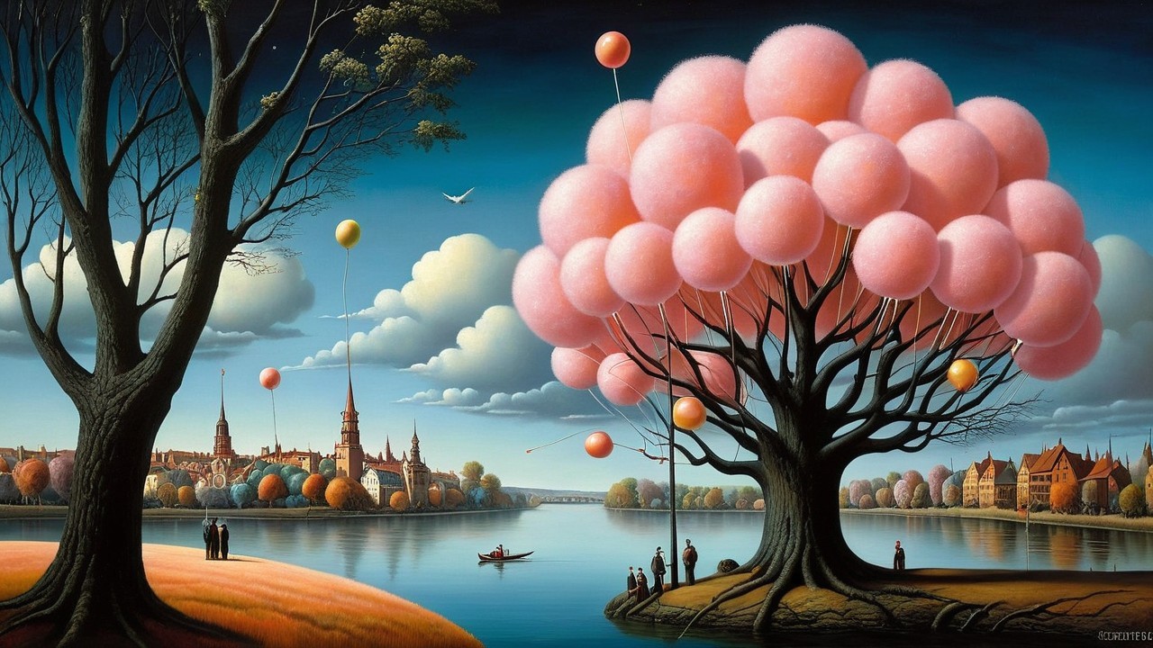 Whimsical Landscape with Pink Tree and River Scene