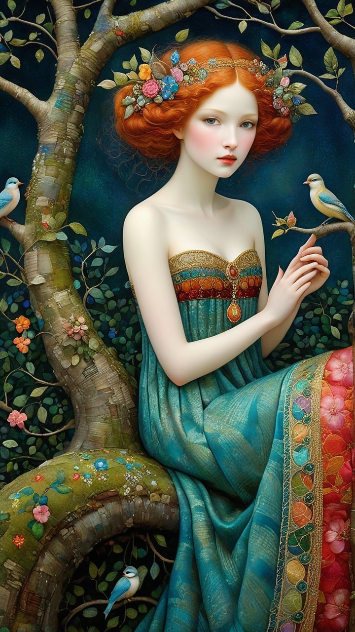 Young Woman with Red Hair in Enchanting Forest Setting