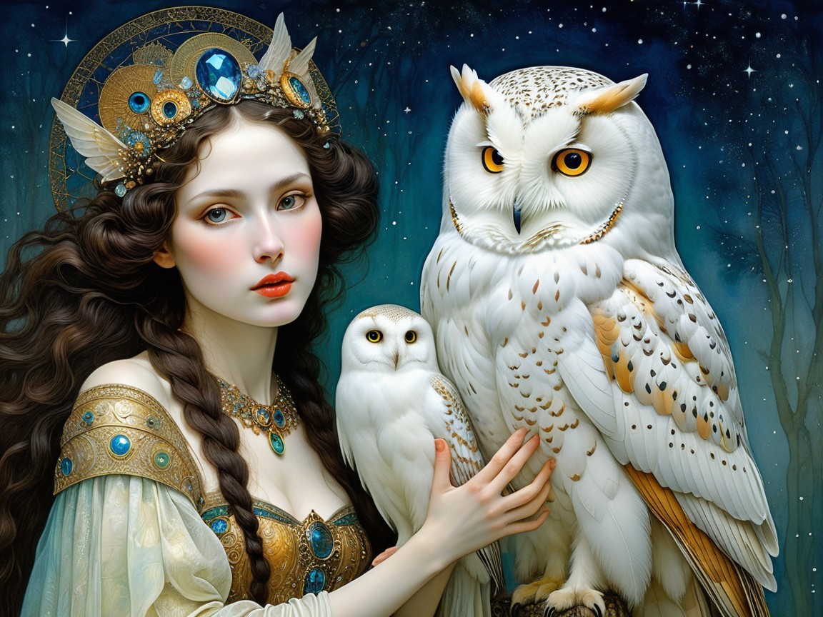 Regal woman with owls in a mystical night scene