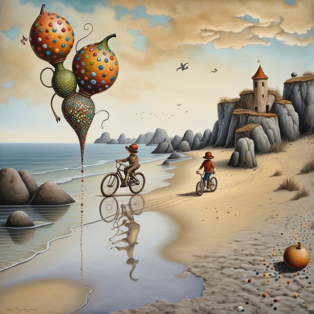 Children Biking on a Beach with Balloons and Castle