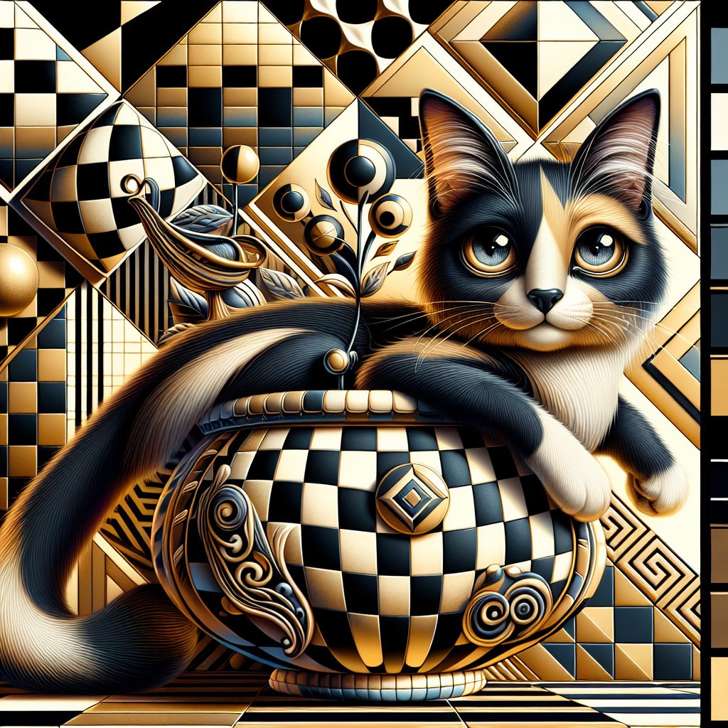 Stylized Cat in Decorative Bowl with Geometric Design