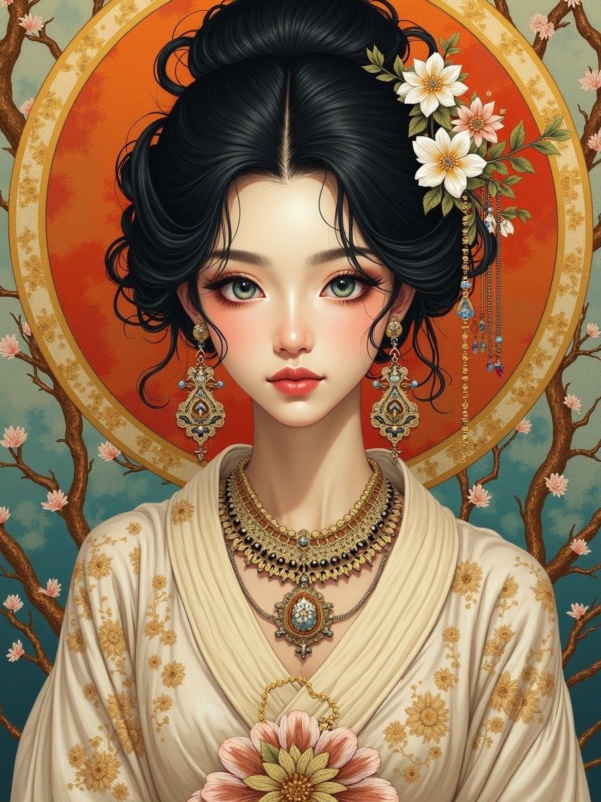 Elegant Young Woman with Floral Accessory and Jewelry