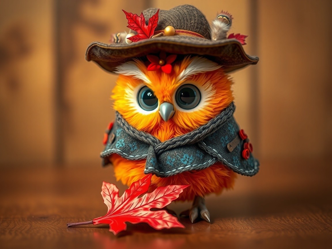 Chubby Owl in Gray Hat and Blue Scarf with Maple Leaf