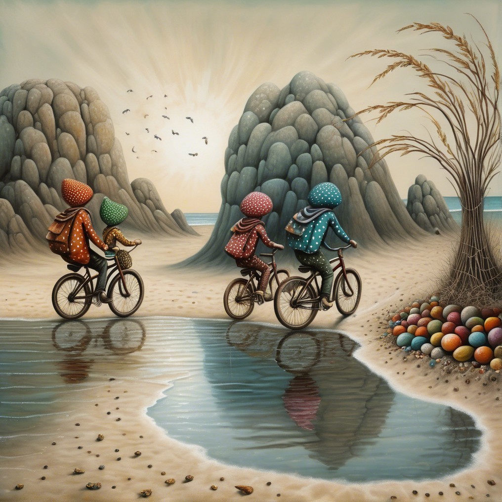Children in Polka-Dotted Jackets Riding Bicycles on Beach