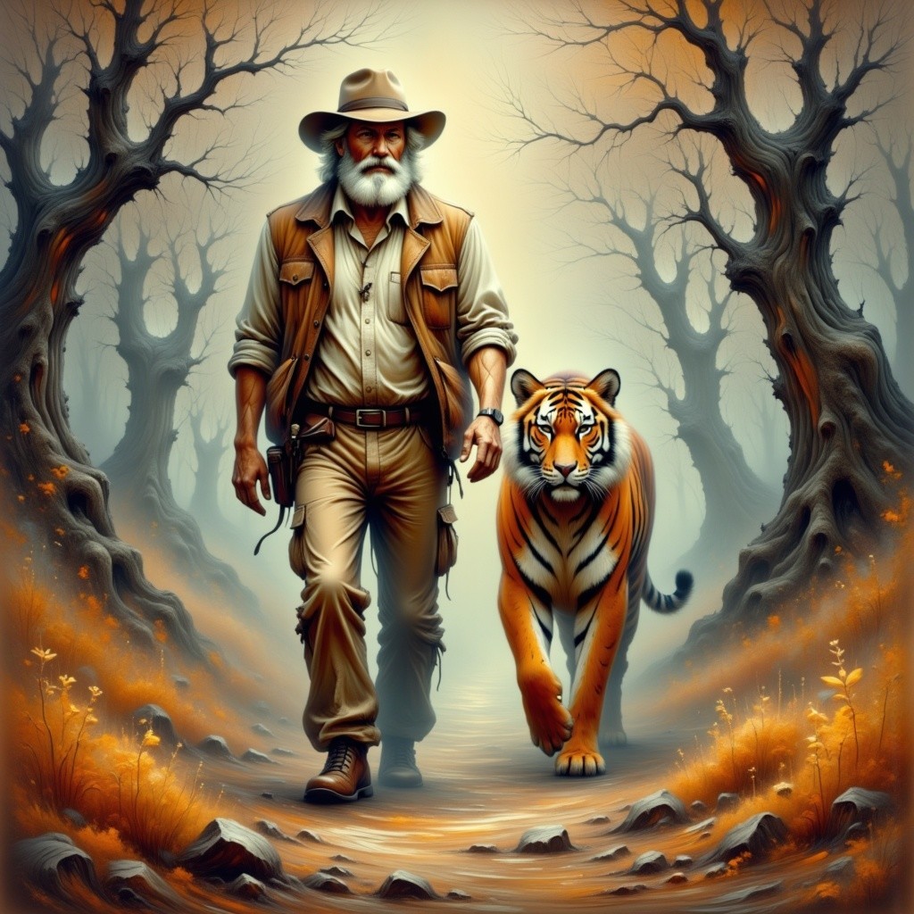 Mystical Forest Scene with Bearded Man and Tiger