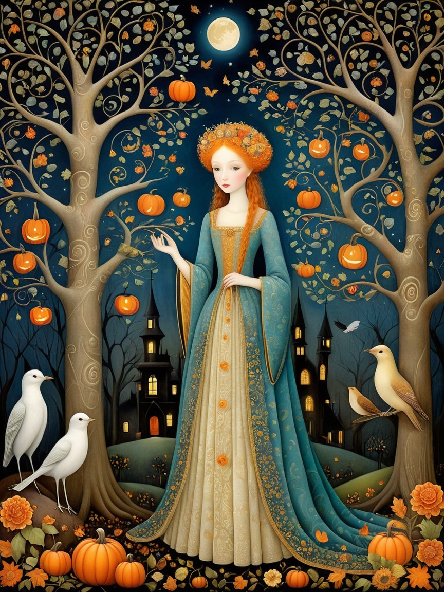 Ethereal Figure in Twilight Forest with Pumpkins