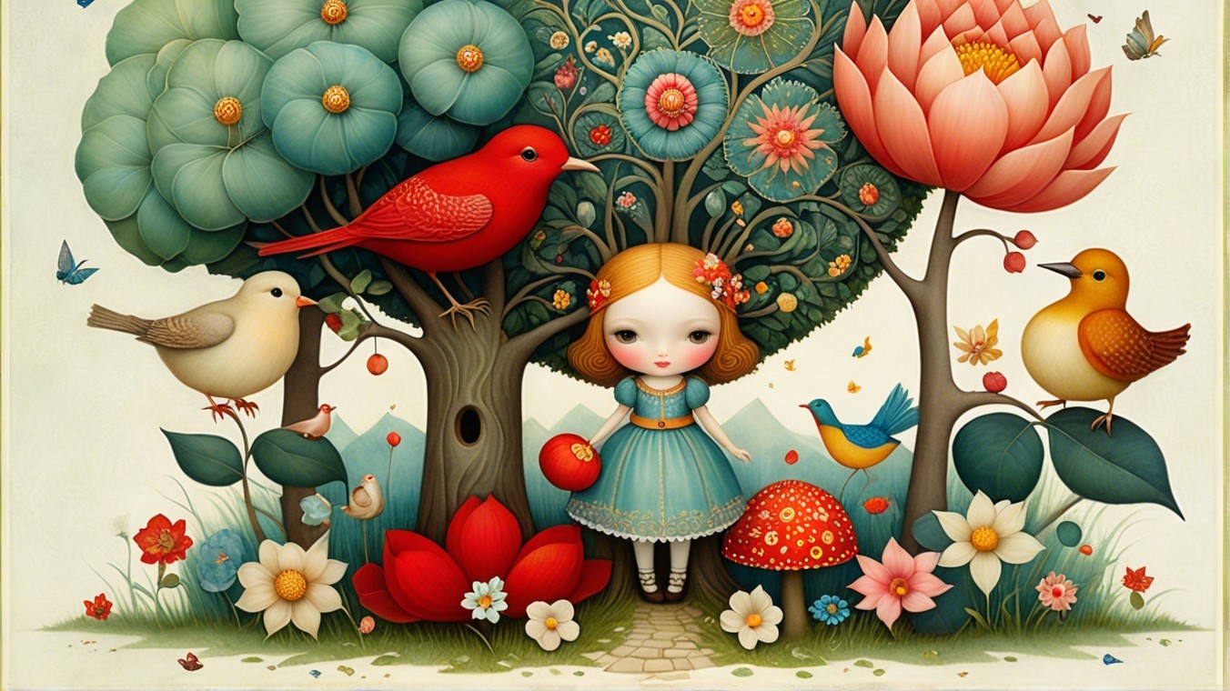 Whimsical Garden Scene with Colorful Flora and Birds