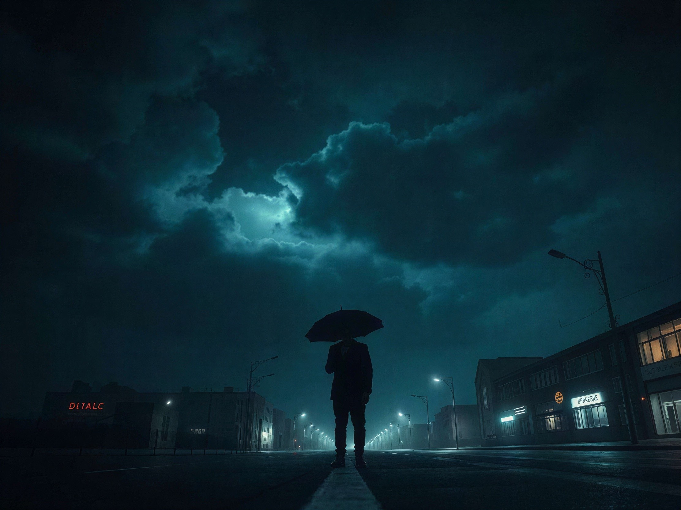 Dark Night Scene of a Man Under an Umbrella