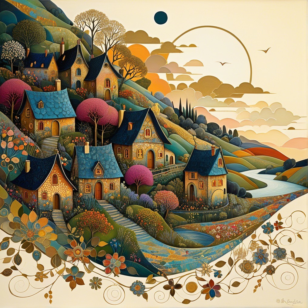 Whimsical Houses on a Hillside at Sunset