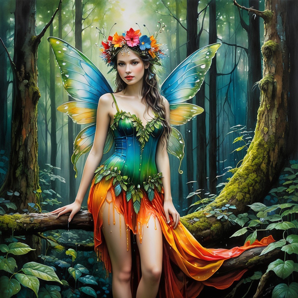 Fairy with Iridescent Wings in Vibrant Forest Setting