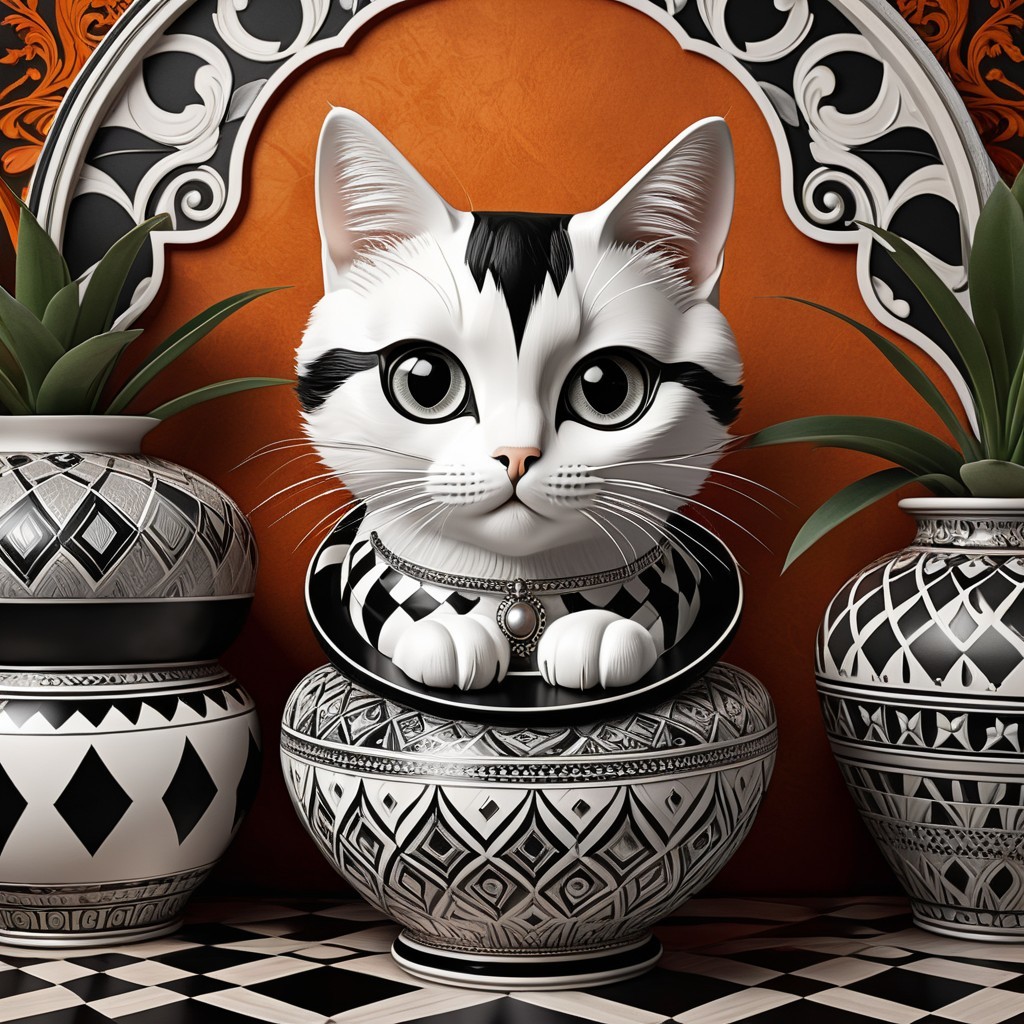 Stylized Cat in Decorative Bowl with Pottery and Plants