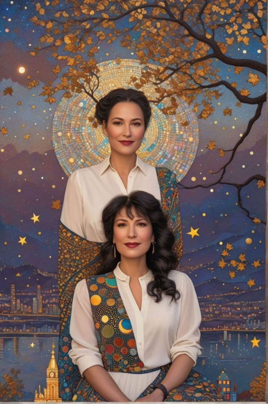 Digital Painting of Two Women with Autumn Tree and City