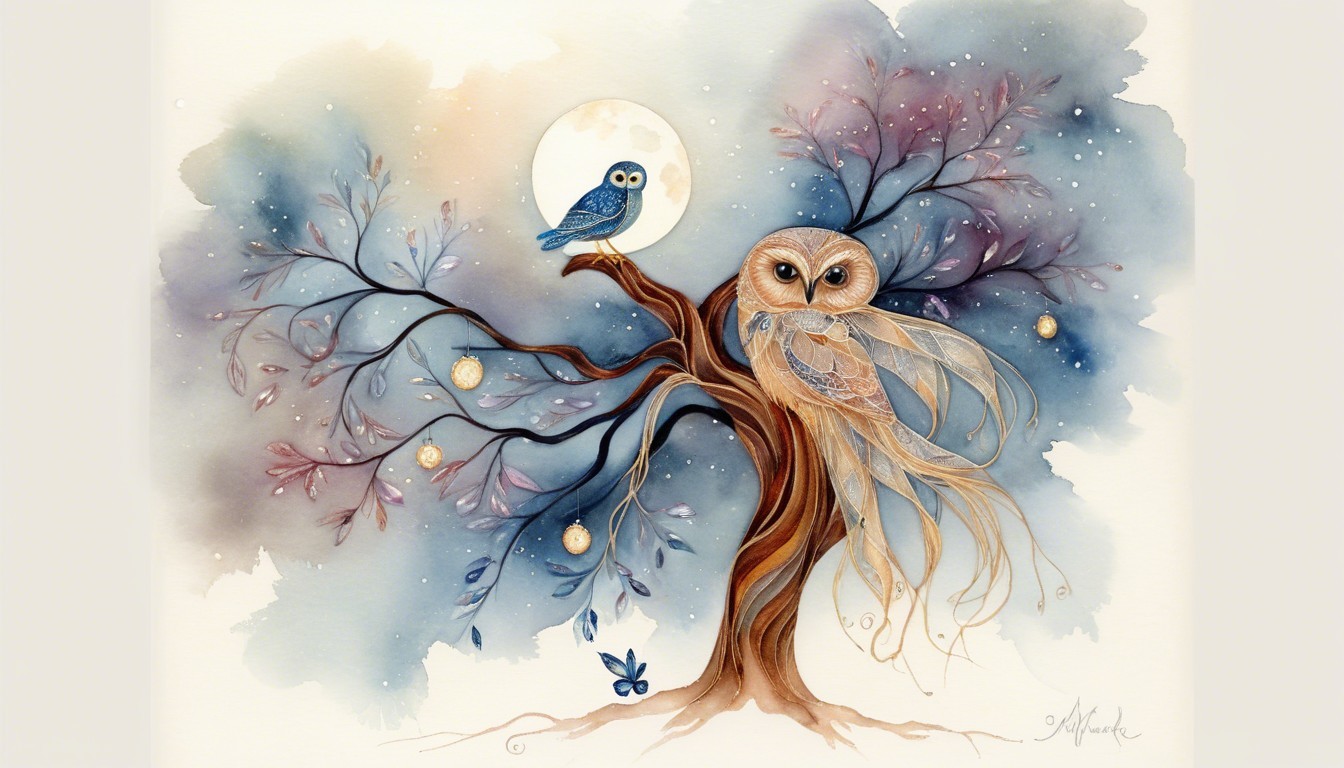 Watercolor Scene of Owls in a Magical Tree Setting