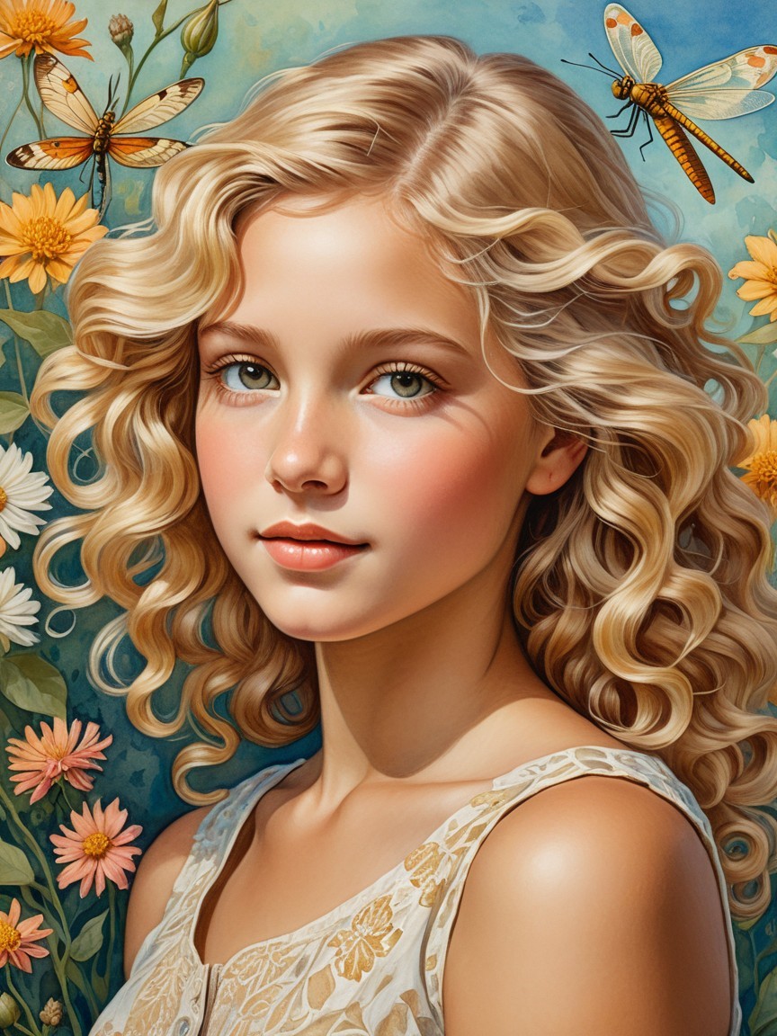 Young girl with curly hair in floral setting