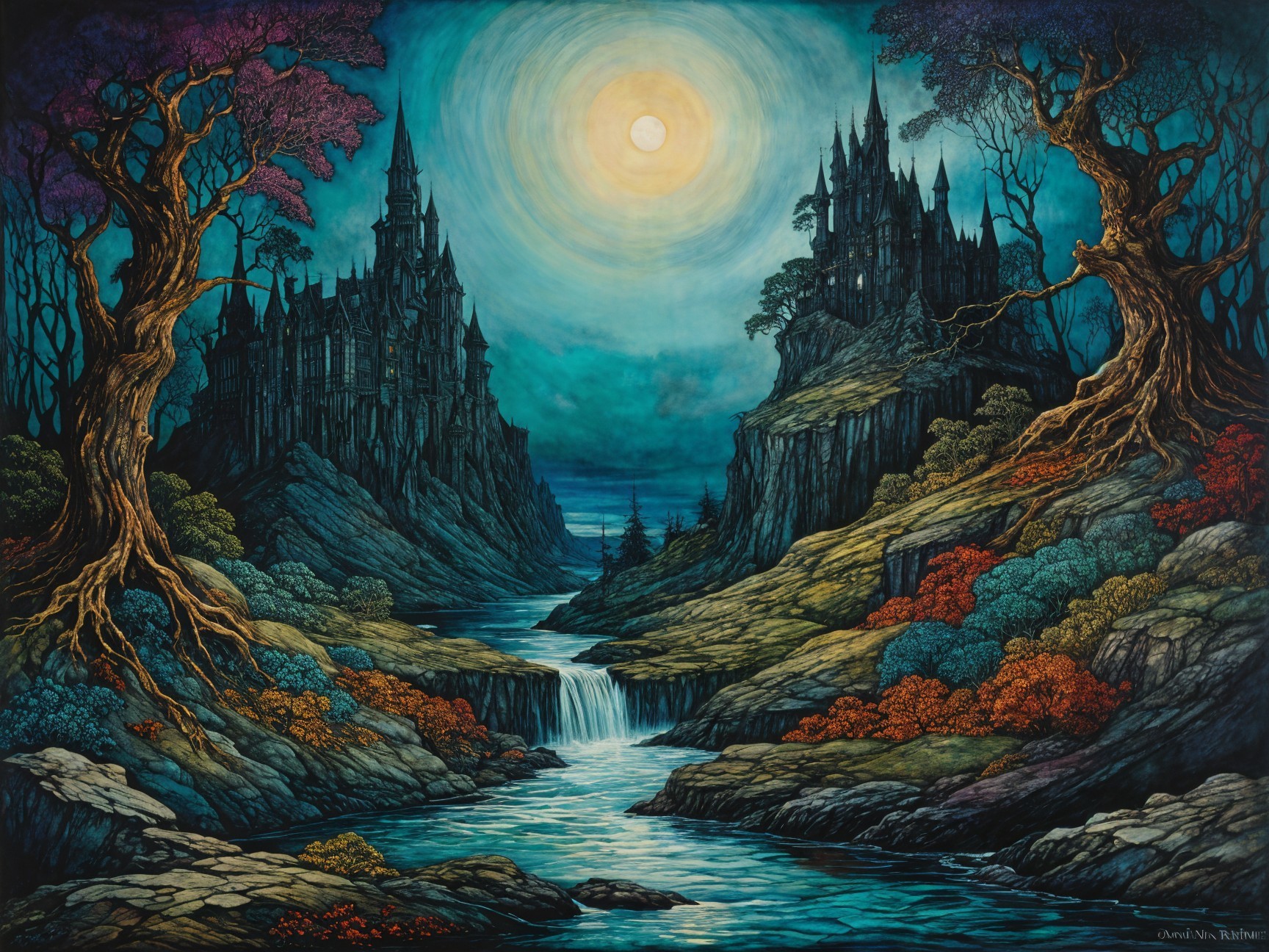 Mystical Landscape with Castle and Vibrant Nature