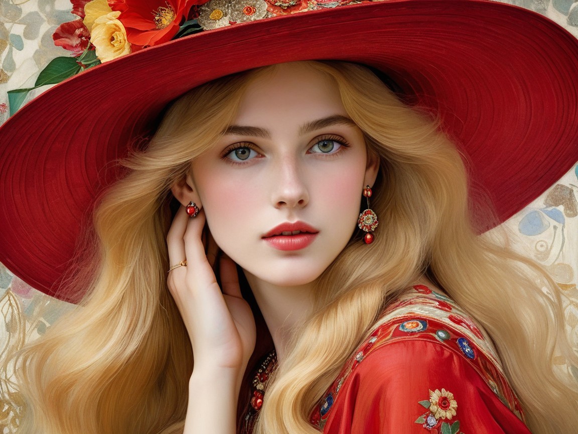 Young woman in red hat and embroidered dress