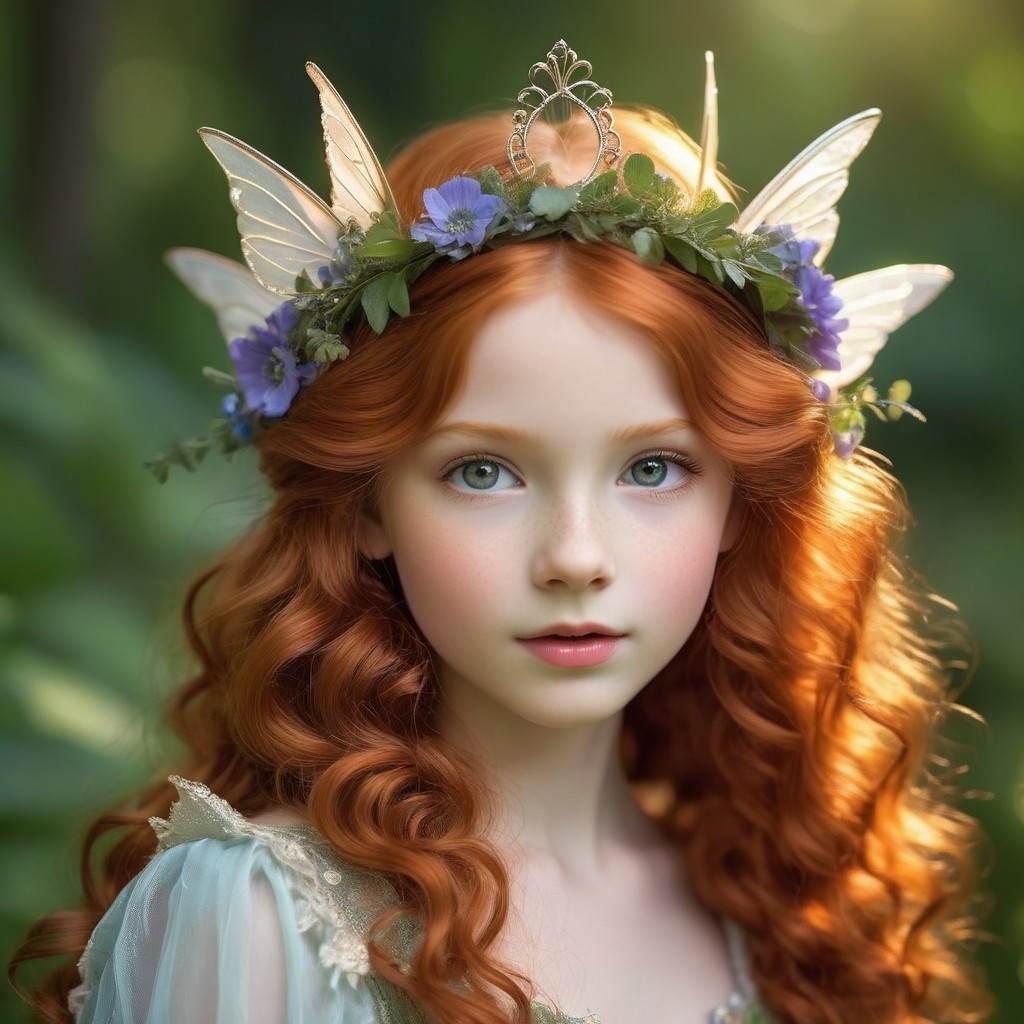 Young girl in floral crown with butterfly wings