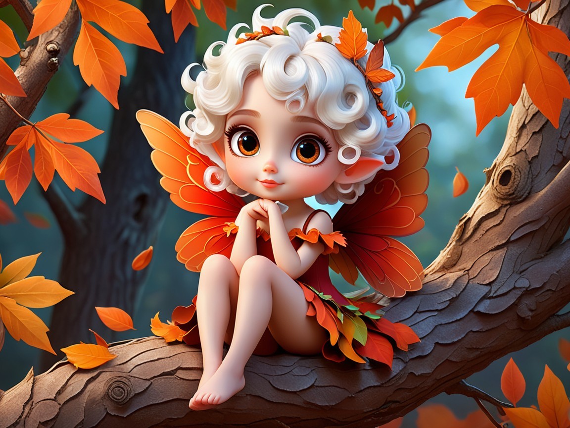 Whimsical Fairy on Tree Branch Amid Autumn Leaves