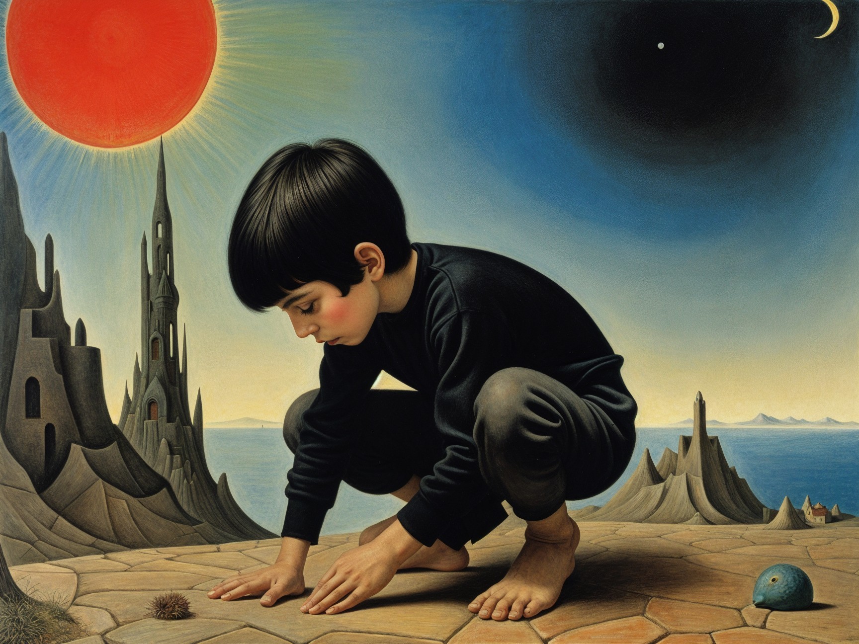Young boy observing creature in surreal landscape