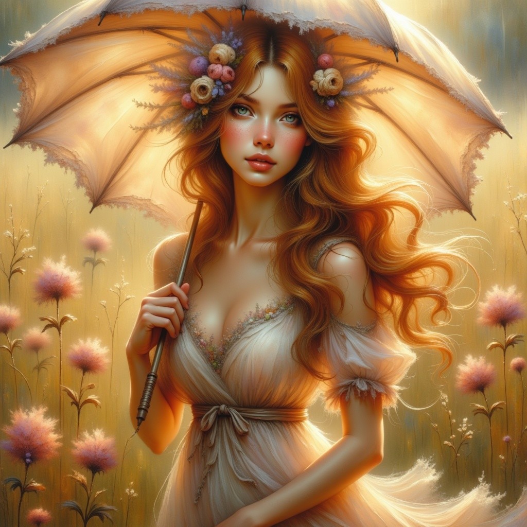 Young Woman with Parasol in Dreamy Flower Field