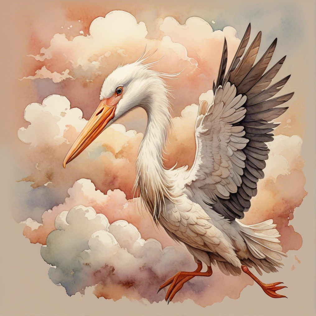 Heron in Flight Among Pastel Clouds and Sky