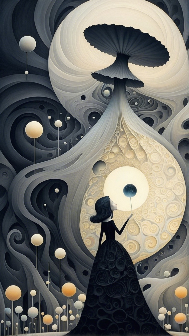 Whimsical Scene of Girl in Black Dress with Balloon