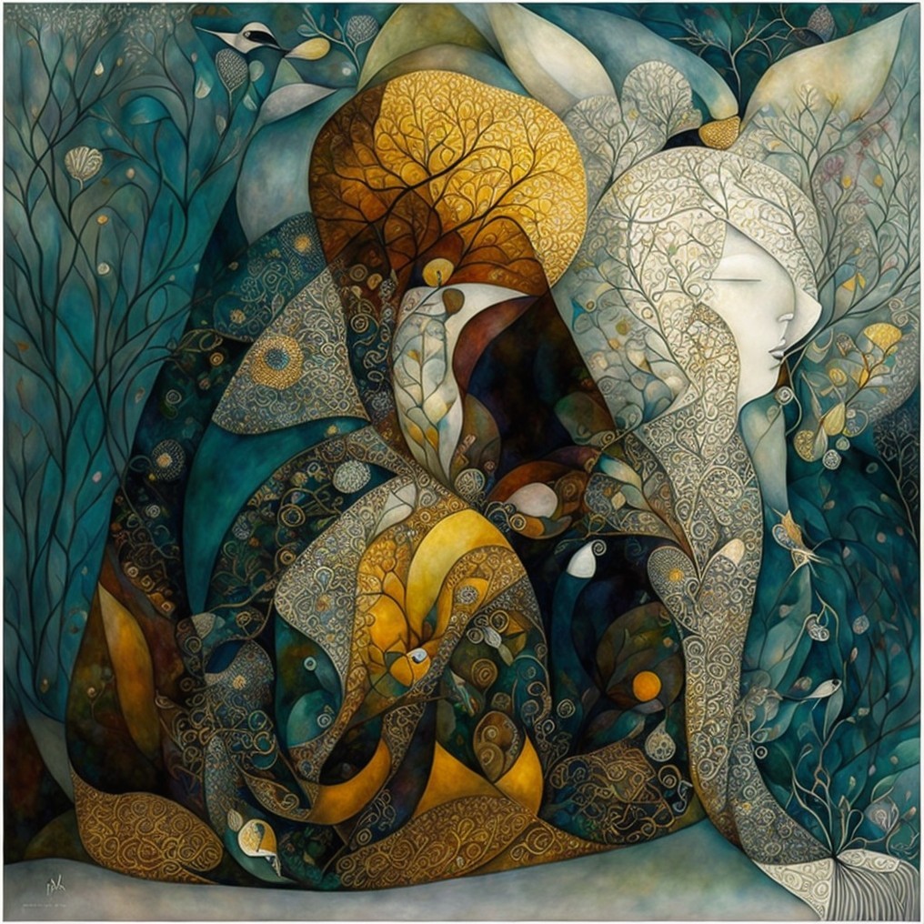 Dreamlike Artwork with Abstract Figure and Nature Elements