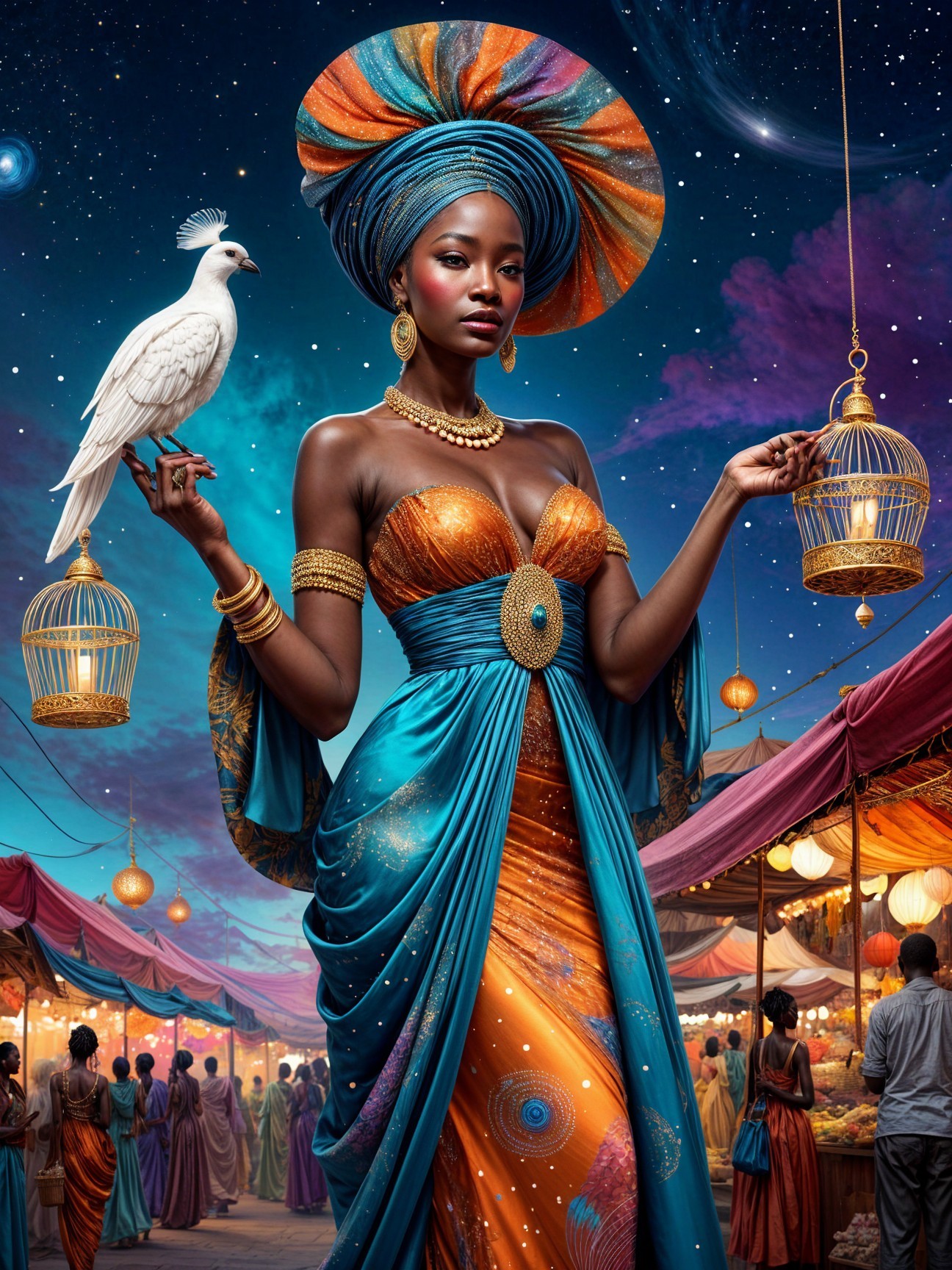Regal Figure in Vibrant Market Under Starry Sky
