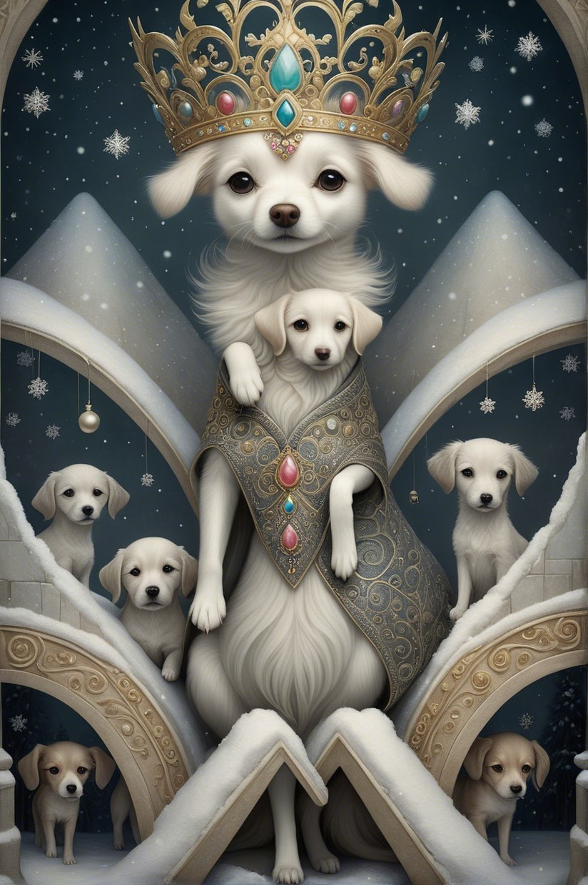Fluffy White Dog with Crown and Puppies in Winter Scene