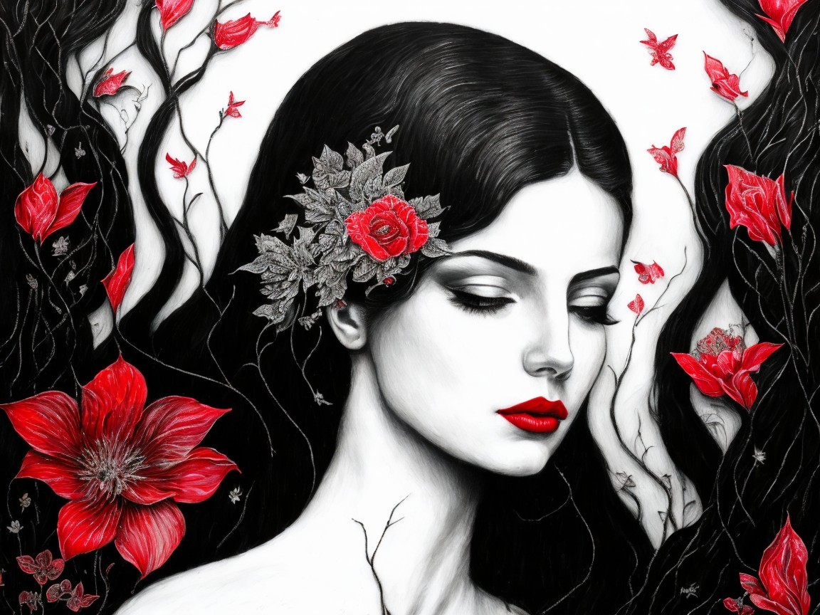 Serene Woman with Floral Arrangement and Vivid Background