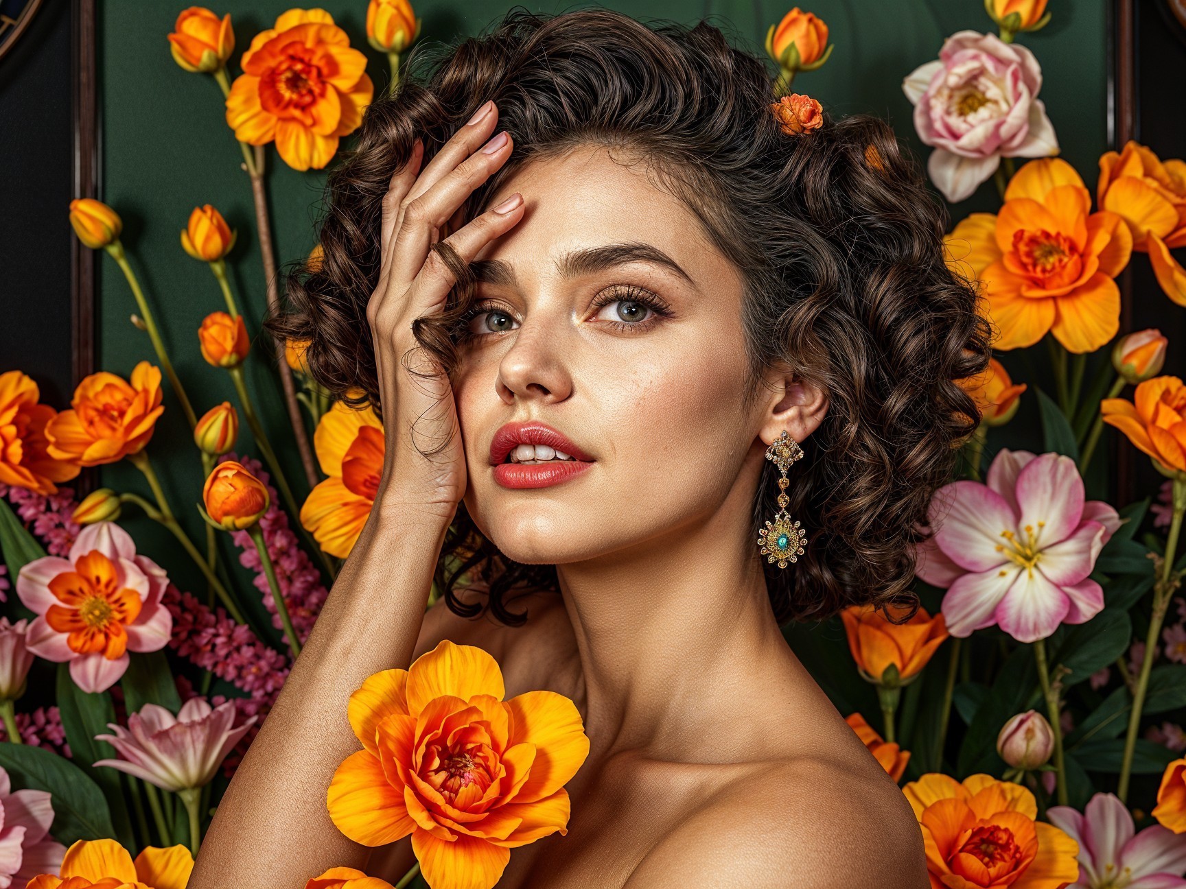 Glamorous Woman Posing Against Colorful Floral Backdrop