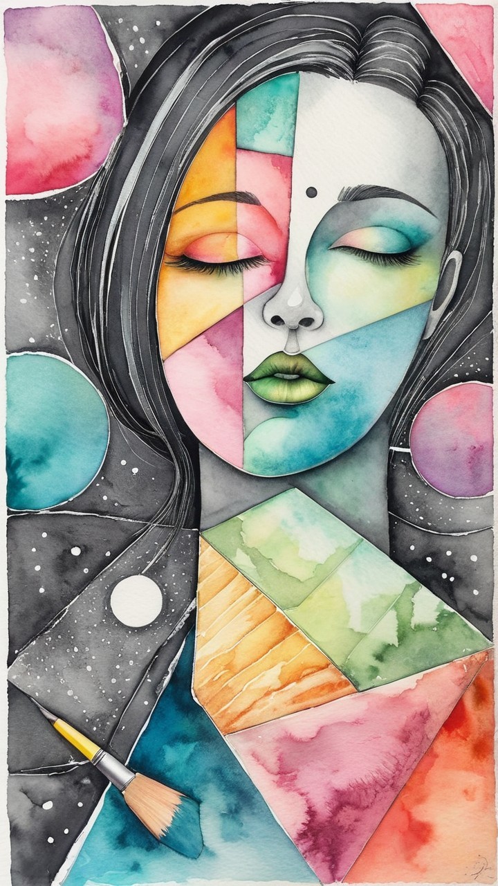 Geometric Female Figure with Abstract Planets and Colors